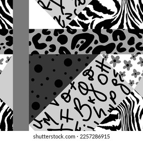 Abstract Hand Drawing Retro Leopard Zebra Animal Skin Shapes Dots Letters Flowers Seamless Geometric Patchwork Vector Pattern Isolated Background