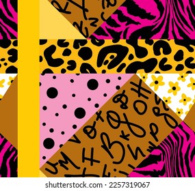 Abstract Hand Drawing Retro Leopard Zebra Animal Skin Shapes Dots Letters Flowers Seamless Geometric Patchwork Vector Pattern Isolated Background