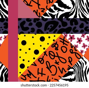 Abstract Hand Drawing Retro Leopard Zebra Animal Skin Shapes Dots Letters Flowers Seamless Geometric Patchwork Vector Pattern Isolated Background