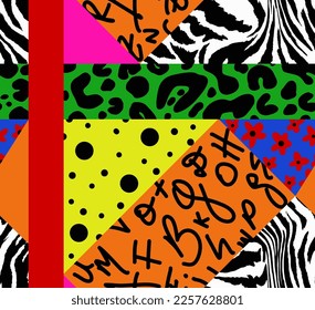 Abstraktes Handzeichnen von Retro Leopard Zebra Tierhautformen Dots Letters Blumen Nahtlose Geometrisches Muster Vektormuster einzelne Hintergrund