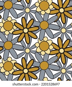 Abstract Hand Drawing Retro Mix Daisy Flowers Seamless Vector Pattern Isolated Background
