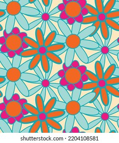 Abstract Hand Drawing Retro Mix Daisy Flowers Seamless Vector Pattern Isolated Background