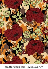 Abstract Hand Drawing Retro Mix Botanical Flowers and Leaves Seamless Vector Pattern with Camouflage Background