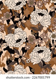 Abstract Hand Drawing Retro Mix Botanical Flowers and Leaves Seamless Vector Pattern with Camouflage Background