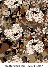 Retro de dibujo manual de abstracto mezcla flores botánicas y hojas patrón vectorial sin soldadura con fondo de camuflaje