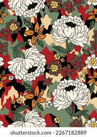 Abstract Hand Drawing Retro Mix Botanical Flowers and Leaves Seamless Vector Pattern with Camouflage Background