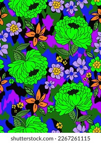 Retro de dibujo manual de abstracto mezcla flores botánicas y hojas patrón vectorial sin soldadura con fondo de camuflaje