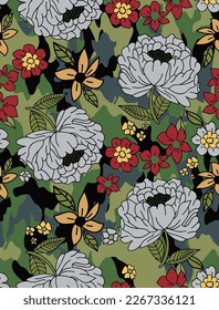 Abstract Hand Drawing Retro Mix Botanical Flowers and Leaves Seamless Vector Pattern with Camouflage Background
