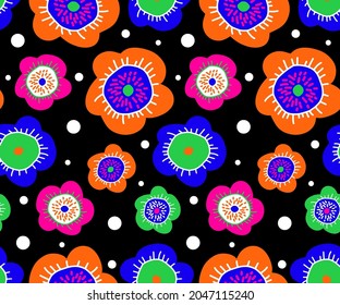 Abstract Hand Drawing Retro Ornamental Doodle Flowers and Dots Seamless Vector Pattern Isolated Black Background