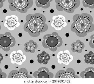 Abstract Hand Drawing Retro Ornamental Doodle Flowers and Dots Seamless Vector Pattern Isolated Silver Background