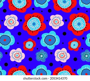 Abstract Hand Drawing Retro Ornamental Doodle Flowers and Dots Seamless Vector Pattern Isolated Royal Blue Background