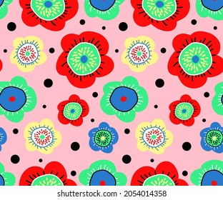 Abstract Hand Drawing Retro Ornamental Doodle Flowers and Dots Seamless Vector Pattern Isolated Pink Background