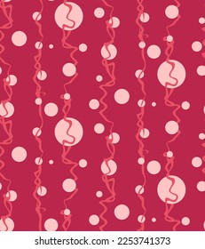 Abstract Hand Drawing Retro Polka Dots and Vertical Liquid Wavy Lines Stripes Seamless Vector Pattern Isolated Background