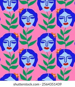 Abstract Hand Drawing Retro Pop Art Flower Woman with Leaves Seamless Tile Vector Pattern Isolated Background