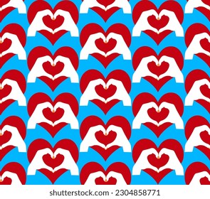 Abstract Hand Drawing Retro Red Hearts with Hand Hearts Seamless Vector Pattern Isolated Background