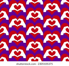 Abstract Hand Drawing Retro Red Hearts with Hand Hearts Seamless Vector Pattern Isolated Background