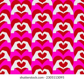 Abstract Hand Drawing Retro Red Hearts with Hand Hearts Seamless Vector Pattern Isolated Background