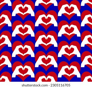 Abstract Hand Drawing Retro Red Hearts with Hand Hearts Seamless Vector Pattern Isolated Background