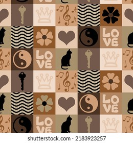 Abstract Hand Drawing Retro Squares Mix Concept Icons Seamless Vector Pattern Geometric Checkered Background