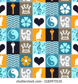 Abstract Hand Drawing Retro Squares Mix Concept Icons Seamless Vector Pattern Geometric Checkered Background