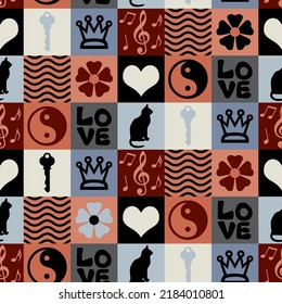 Abstract Hand Drawing Retro Squares Mix Concept Icons Seamless Vector Pattern Geometric Checkered Background