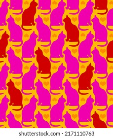 Abstract Hand Drawing Retro Tile Cats and Hearts Seamless Vector Pattern Isolated Background