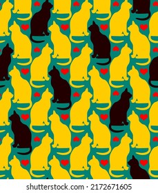 Abstract Hand Drawing Retro Tile Cats and Hearts Seamless Vector Pattern Isolated Background