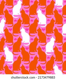 Abstract Hand Drawing Retro Tile Cats and Hearts Seamless Vector Pattern Isolated Background