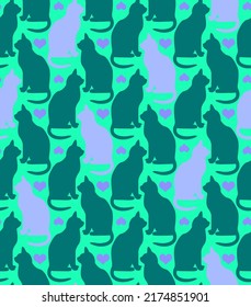 Abstract Hand Drawing Retro Tile Cats and Hearts Seamless Vector Pattern Isolated Background