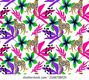 Abstract Hand Drawing Retro Tropical Leaves Flowers and Leopards Seamless Vector Pattern Isolated Background