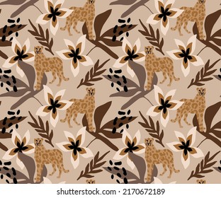 Abstract Hand Drawing Retro Tropical Leaves Flowers and Leopards Seamless Vector Pattern Isolated Background