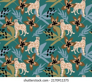 Abstract Hand Drawing Retro Tropical Leaves Flowers and Leopards Seamless Vector Pattern Isolated Background