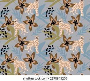 Abstract Hand Drawing Retro Tropical Leaves Flowers and Leopards Seamless Vector Pattern Isolated Background