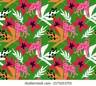 Abstract Hand Drawing Retro Tropical Leaves Flowers and Leopards Seamless Vector Pattern Isolated Background