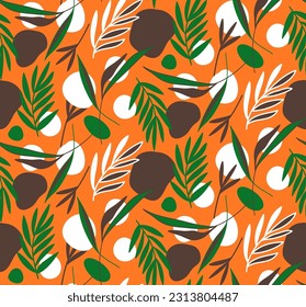 Abstracto Plano Retro Hojas Tropicales y Formas Geométricas Patrón de vectores sin soldadura Fondo aislado