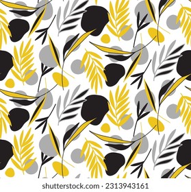 Abstract Hand Drawing Retro Tropical Leaves and Geometric Shapes Seamless Vector Pattern Isolated Background