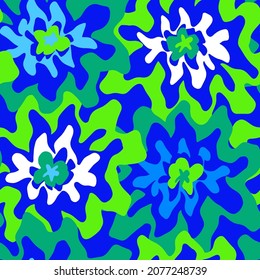 Abstract Hand Drawing Retro Wavy Geometric Flowers Seamless Vector Pattern Isolated Background