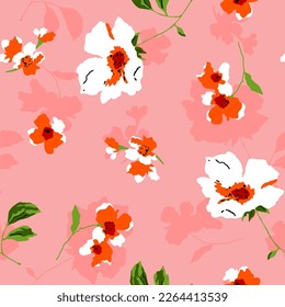 Abstract Hand Drawing Romantic Poppy Flowers Leaves and Branches with Shadows Seamless Vector Pattern Isolated Background