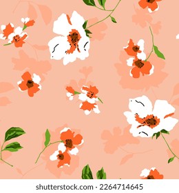 Abstract Hand Drawing Romantic Poppy Flowers Leaves and Branches with Shadows Seamless Vector Pattern Isolated Background