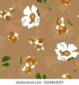 Abstract Hand Drawing Romantic Poppy Flowers Leaves and Branches with Shadows Seamless Vector Pattern Isolated Background