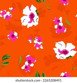 Abstract Hand Drawing Romantic Poppy Flowers Leaves and Branches with Shadows Seamless Vector Pattern Isolated Background