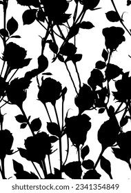 Abstract Hand Drawing Rose Buds Bouquets and Leaves Silhouettes Seamless Vector Pattern Isolated Background