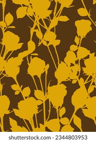 Abstract Hand Drawing Rose Buds Bouquets and Leaves Silhouettes Seamless Vector Pattern Isolated Background