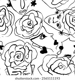 Abstract Hand Drawing Rose Head Woman Faces Portraits Seamless Vector Pattern Isolated Background 
