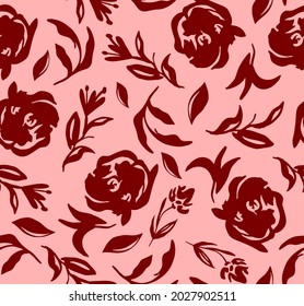 Abstract Hand Drawing Roses Flowers and Leaves Seamless Vector Pattern Isolated Background