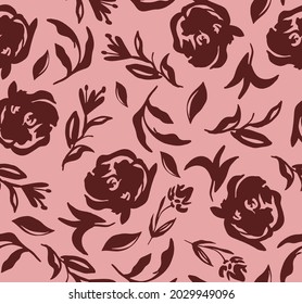 Abstract Hand Drawing Roses Flowers and Leaves Seamless Vector Pattern Isolated Background