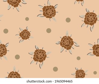 Abstract Hand Drawing Roses Leaves and Dots Repeating Vector Pattern Isolated Background
