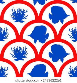 Abstract Hand Drawing Scallop Geometric Baroque Angel Fish and Coral Reef Seamless Textile Marine Vector Pattern with Isolated Background