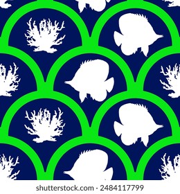 Abstract Hand Drawing Scallop Geometric Baroque Angel Fish and Coral Reef Seamless Textile Marine Vector Pattern with Isolated Background