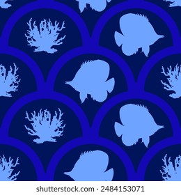 Abstractas dibujo a mano vieira geométrico barroco ángel pescado y arrecife de coral sin costura textil marino patrón de Vector con fondo aislado